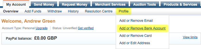 Screenshot of Profile menu on PayPal