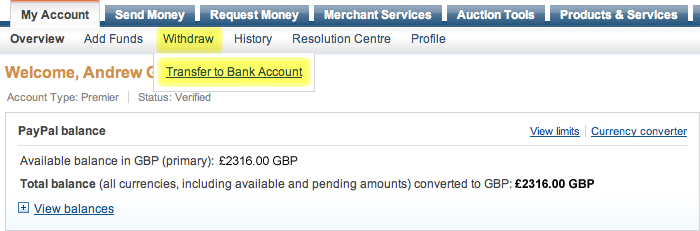 Screenshot of Withdraw menu on PayPal